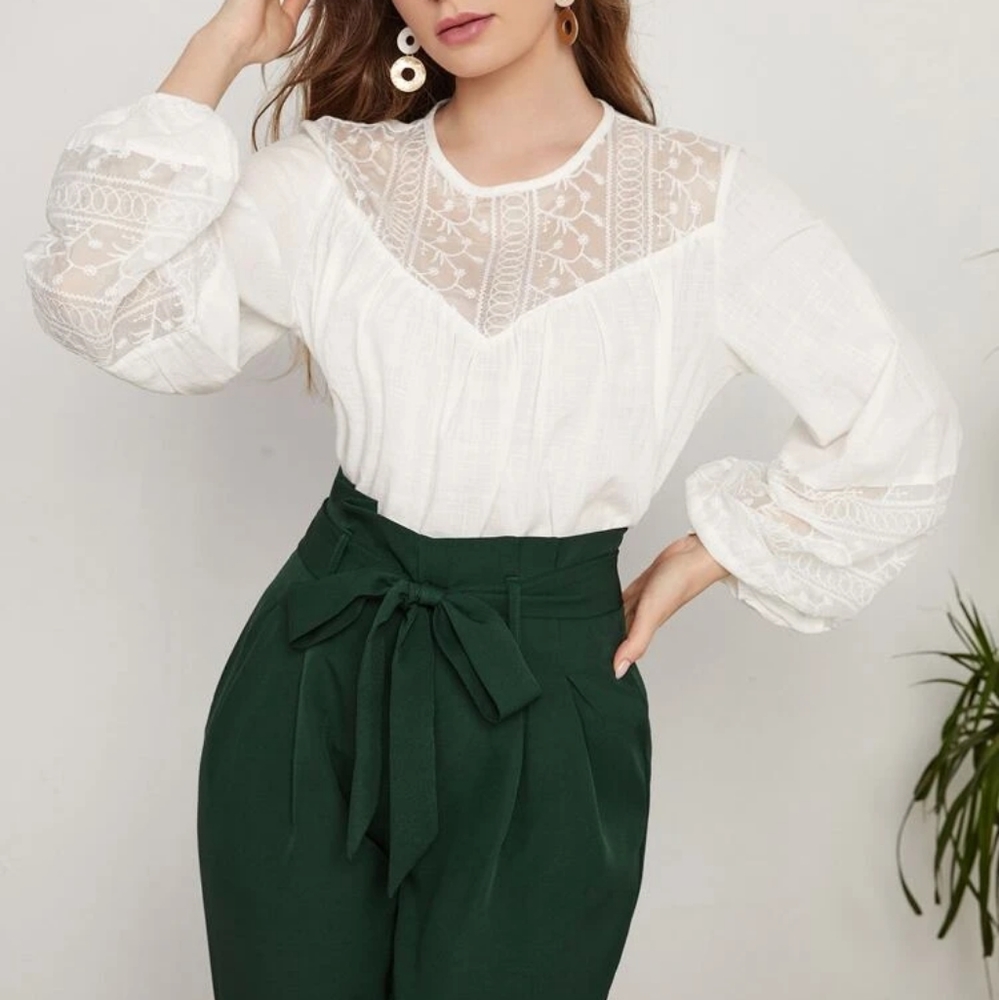 SHEIN Embroidered Panel Lantern Sleeve Top & Belted Pants